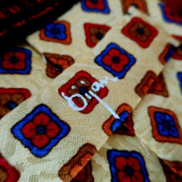 EUC BIJAN Yellow & Multicolored Diamond Geometric Patterned 100% Silk Tie - Picture 1 of 13